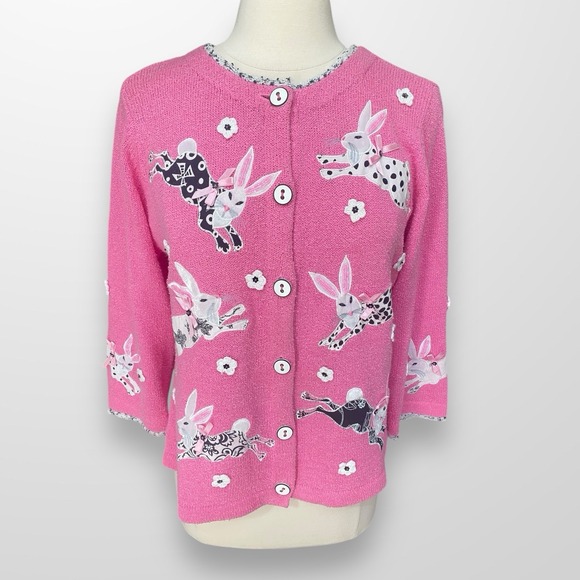 VTG Philip & Jane Gordon Pink Bunny Easter Cardigan  Knit Sweater Medium - Picture 1 of 9